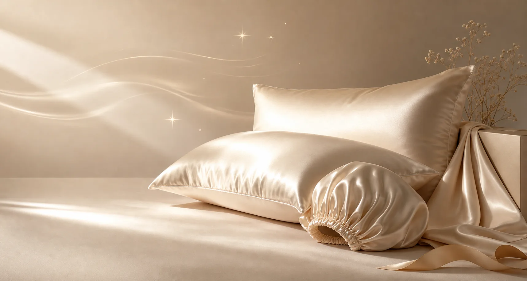 Champagne satin pillowcases and sleep accessories arranged in soft light.